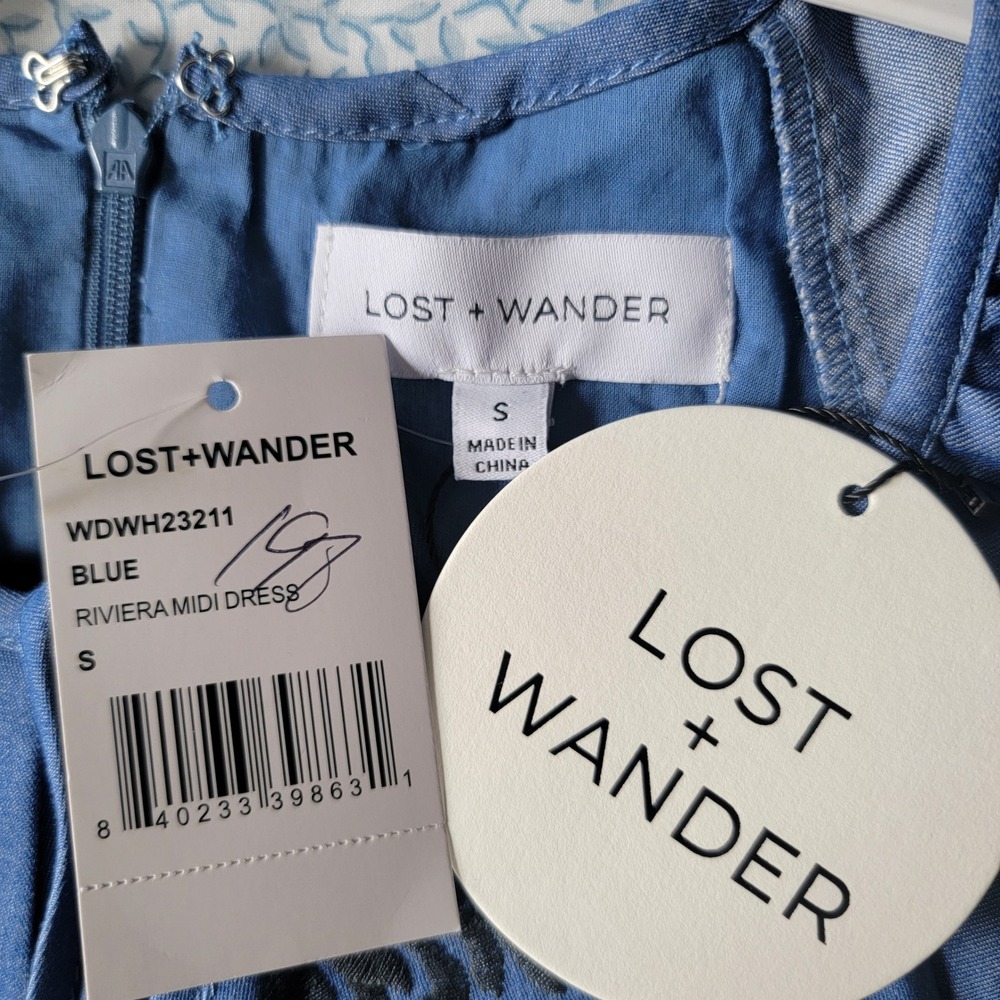 NWT Lost + Wander Riviera Midi Dress Blue Embroidered A-line Tiered Pocket Small - Picture 7 of 16